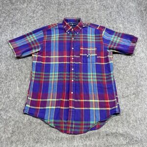 VIntage Ralph Lauren Shirt Mens M Blue Plaid Tilden Short Sleeve Golf Crest